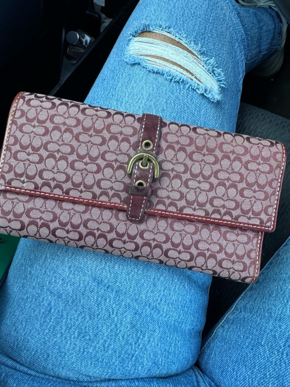Coach Signature Canvas Wallet in Maroon and Light Pink